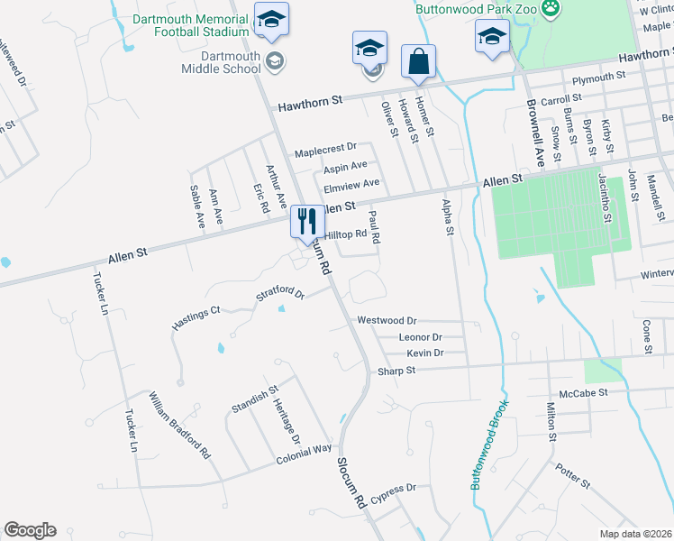 map of restaurants, bars, coffee shops, grocery stores, and more near 280 Slocum Road in Dartmouth