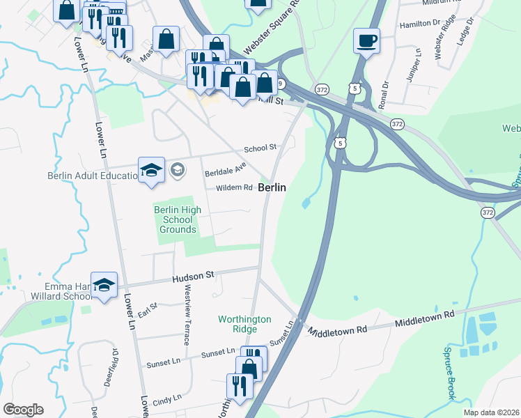 map of restaurants, bars, coffee shops, grocery stores, and more near 64 Woodbine Court in Berlin