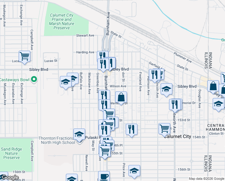 map of restaurants, bars, coffee shops, grocery stores, and more near 538 Hirsch Ave in Calumet City