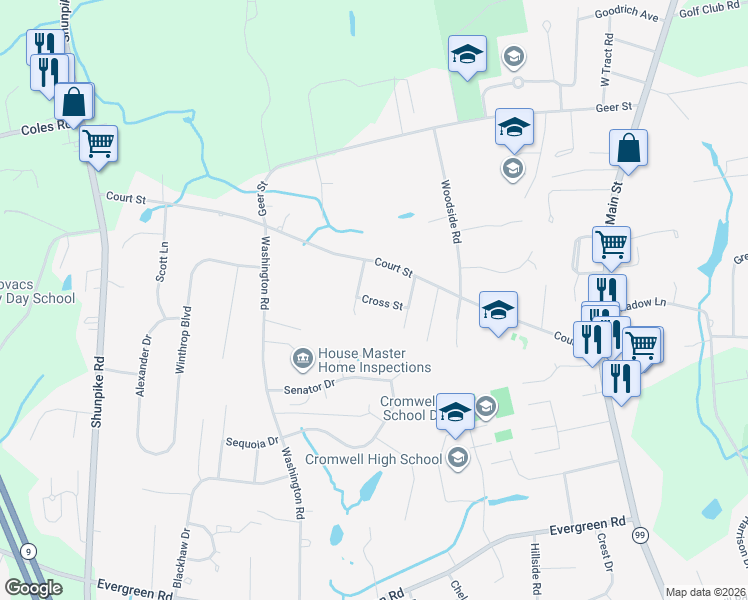 map of restaurants, bars, coffee shops, grocery stores, and more near 8 Cross Street in Cromwell