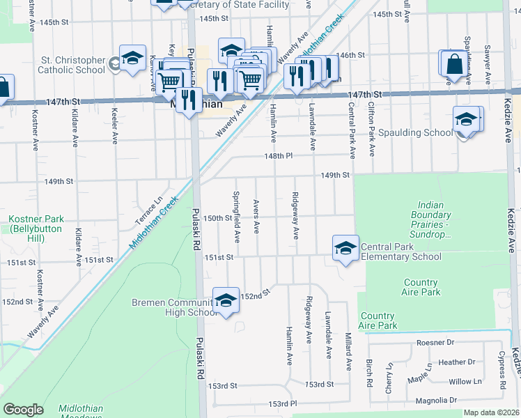 map of restaurants, bars, coffee shops, grocery stores, and more near 14950 Avers Avenue in Midlothian