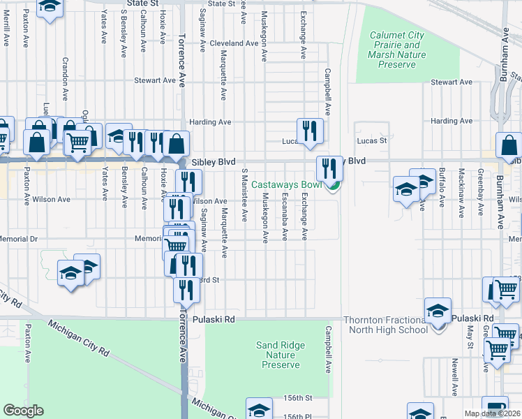 map of restaurants, bars, coffee shops, grocery stores, and more near 537 South Manistee Avenue in Calumet City