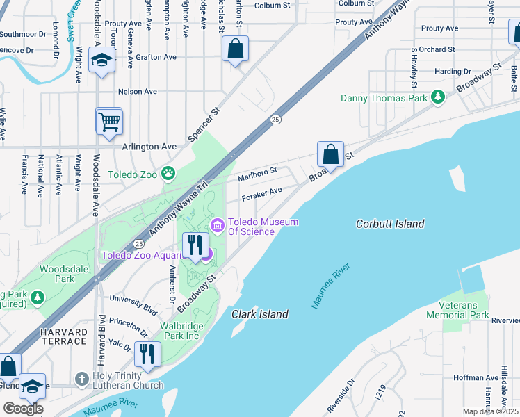 map of restaurants, bars, coffee shops, grocery stores, and more near 1021 Saint James Court in Toledo