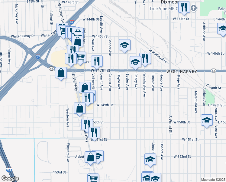 map of restaurants, bars, coffee shops, grocery stores, and more near 14807 Cooper Ave in Harvey