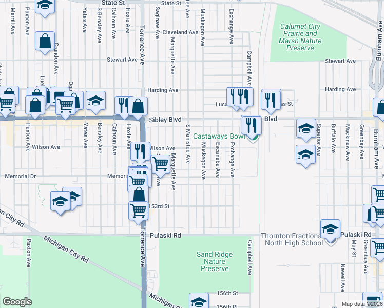 map of restaurants, bars, coffee shops, grocery stores, and more near 537 South Manistee Avenue in Calumet City