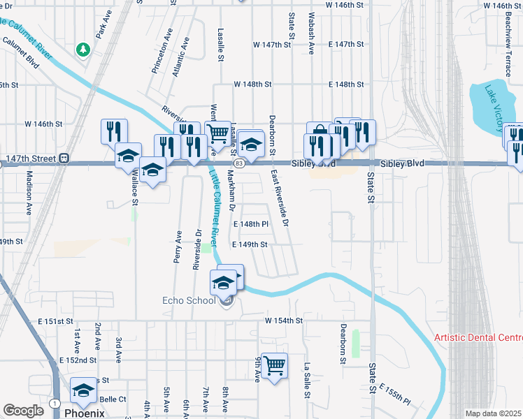 map of restaurants, bars, coffee shops, grocery stores, and more near 550 E 148th St in Harvey