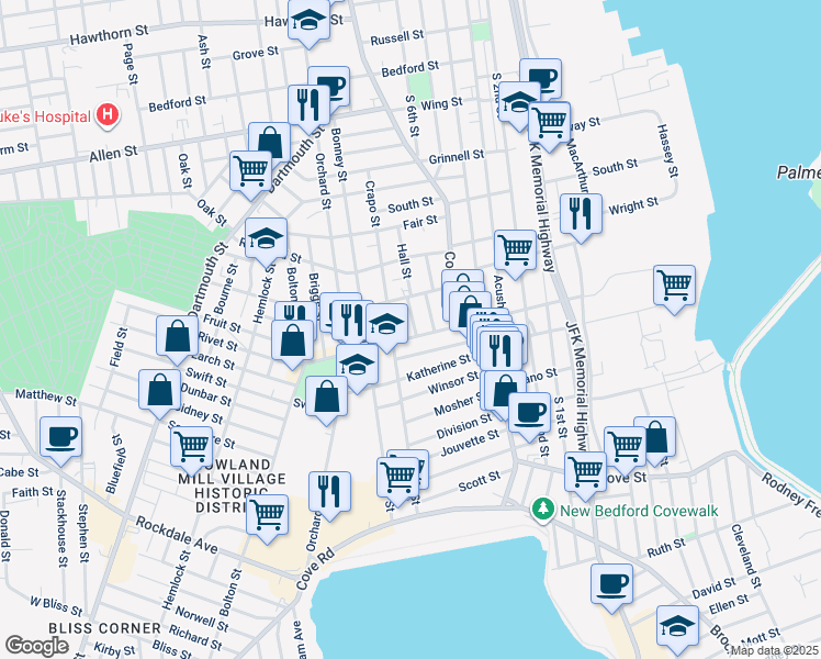map of restaurants, bars, coffee shops, grocery stores, and more near 209 Rivet Street in New Bedford