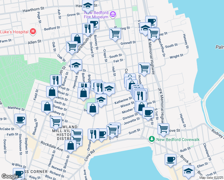 map of restaurants, bars, coffee shops, grocery stores, and more near 79 Crapo Street in New Bedford