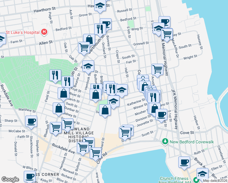 map of restaurants, bars, coffee shops, grocery stores, and more near 443 Orchard Street in New Bedford