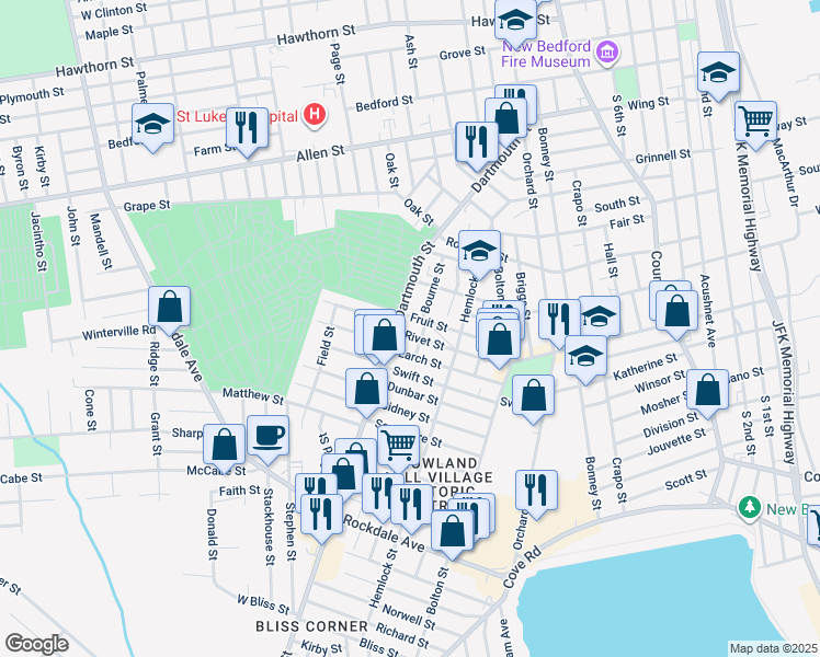 map of restaurants, bars, coffee shops, grocery stores, and more near 266 Dartmouth Street in New Bedford
