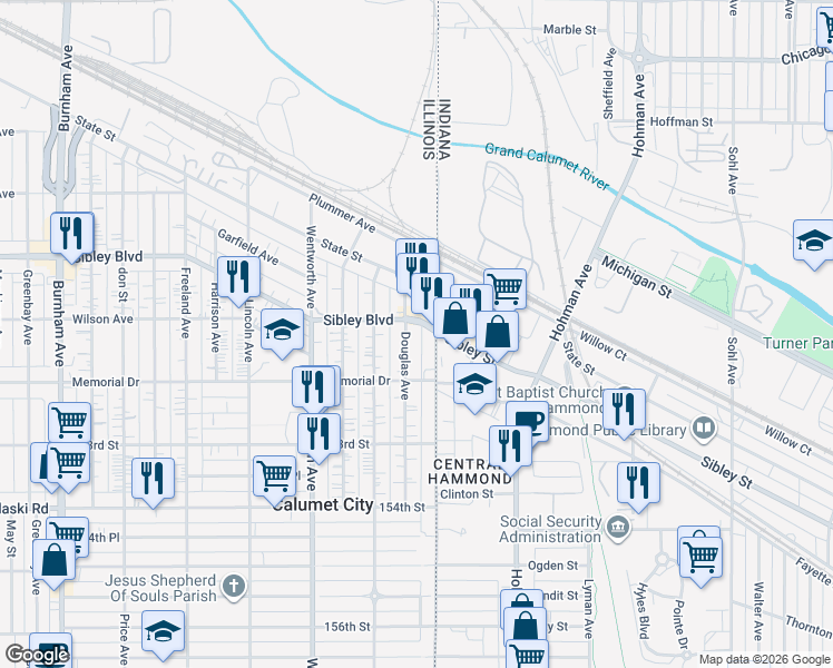 map of restaurants, bars, coffee shops, grocery stores, and more near 536 Douglas Avenue in Calumet City
