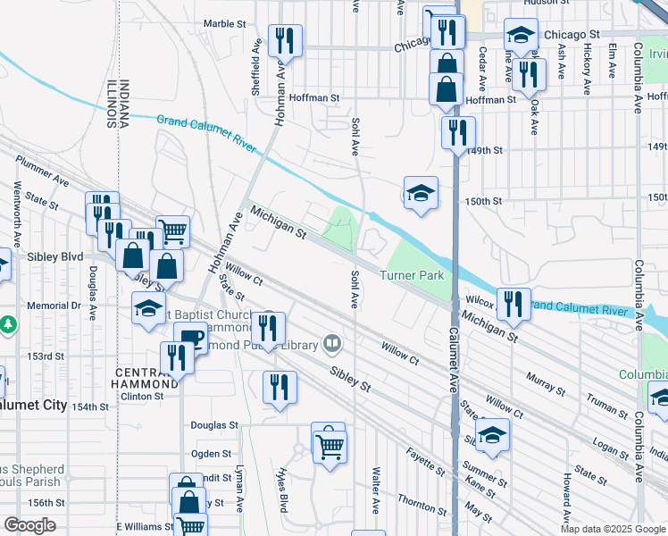 map of restaurants, bars, coffee shops, grocery stores, and more near 524 Michigan Street in Hammond