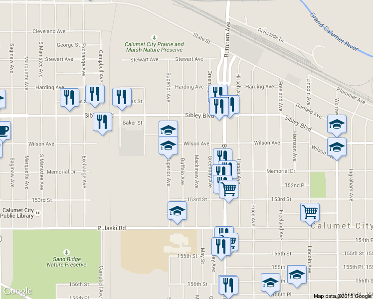 map of restaurants, bars, coffee shops, grocery stores, and more near 535 Buffalo Ave in Calumet City