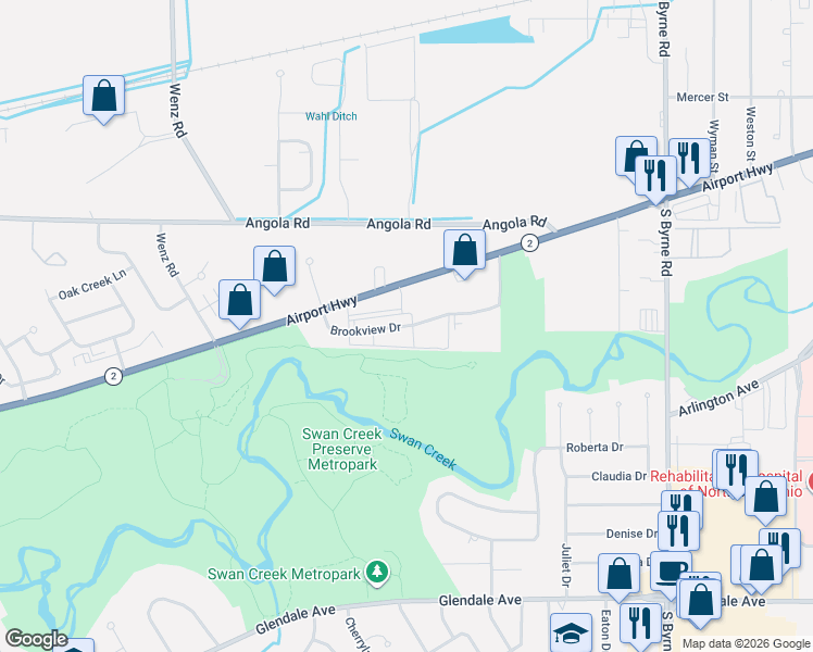 map of restaurants, bars, coffee shops, grocery stores, and more near 1304 Brookview Drive in Toledo