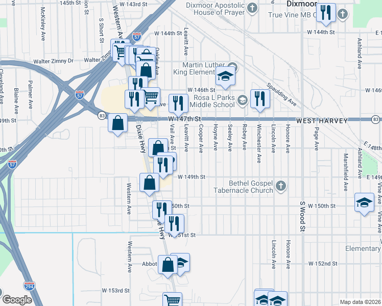 map of restaurants, bars, coffee shops, grocery stores, and more near 14811 Leavitt Avenue in Harvey