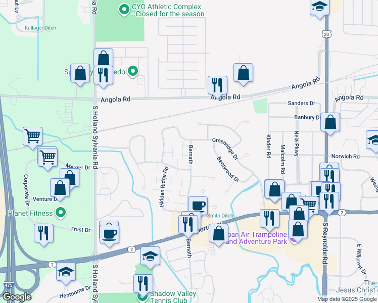 map of restaurants, bars, coffee shops, grocery stores, and more near 1128 Bernath in Toledo