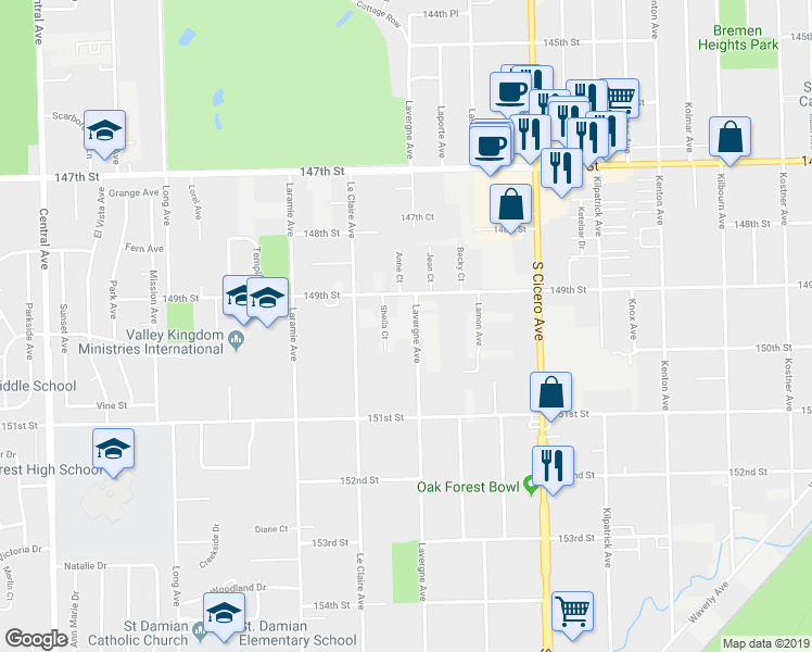 map of restaurants, bars, coffee shops, grocery stores, and more near 14930 Lavergne Avenue in Oak Forest