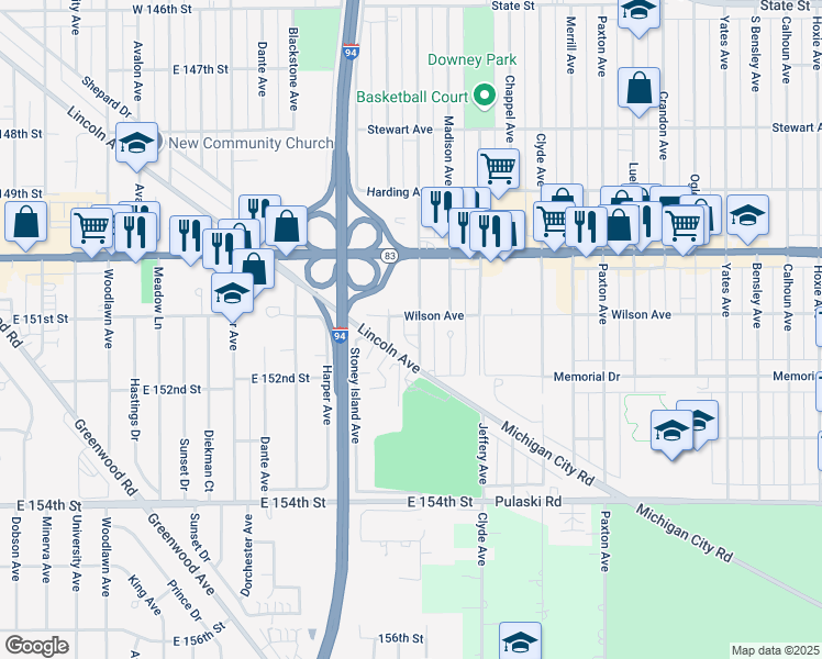map of restaurants, bars, coffee shops, grocery stores, and more near 15108 East End Avenue in Dolton