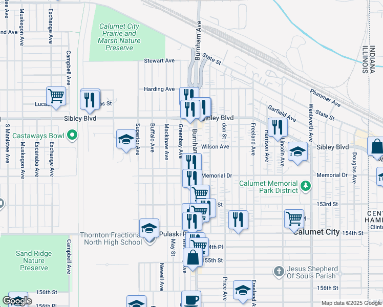 map of restaurants, bars, coffee shops, grocery stores, and more near 534 Burnham Avenue in Calumet City