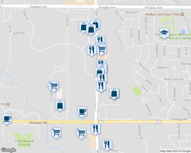 map of restaurants, bars, coffee shops, grocery stores, and more near 2795 100th Street in Urbandale