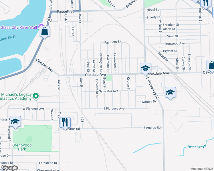 map of restaurants, bars, coffee shops, grocery stores, and more near 1642 Bond Street in Toledo