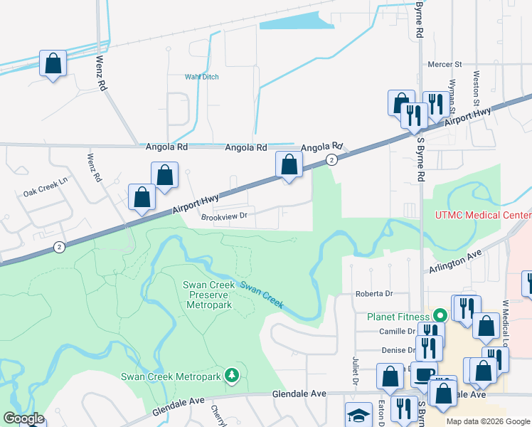 map of restaurants, bars, coffee shops, grocery stores, and more near 1304 Brookview Drive in Toledo