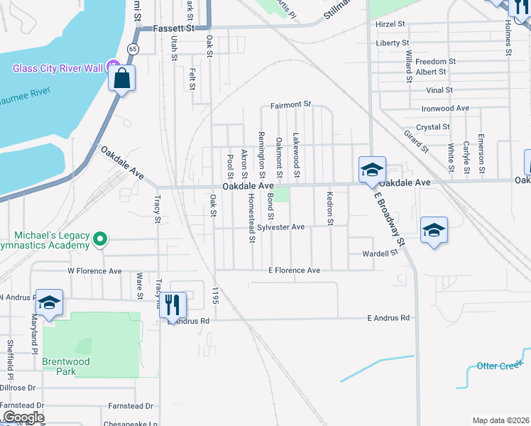 map of restaurants, bars, coffee shops, grocery stores, and more near 1642 Bond Street in Toledo