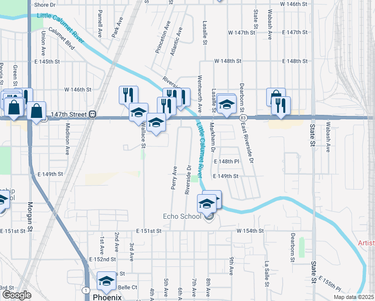 map of restaurants, bars, coffee shops, grocery stores, and more near 14806 Riverside Drive in South Holland