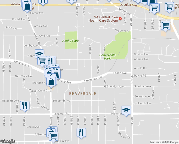 map of restaurants, bars, coffee shops, grocery stores, and more near 2824 36th Street in Des Moines