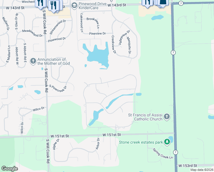 map of restaurants, bars, coffee shops, grocery stores, and more near 149 Silo Ridge Road East in Orland Park