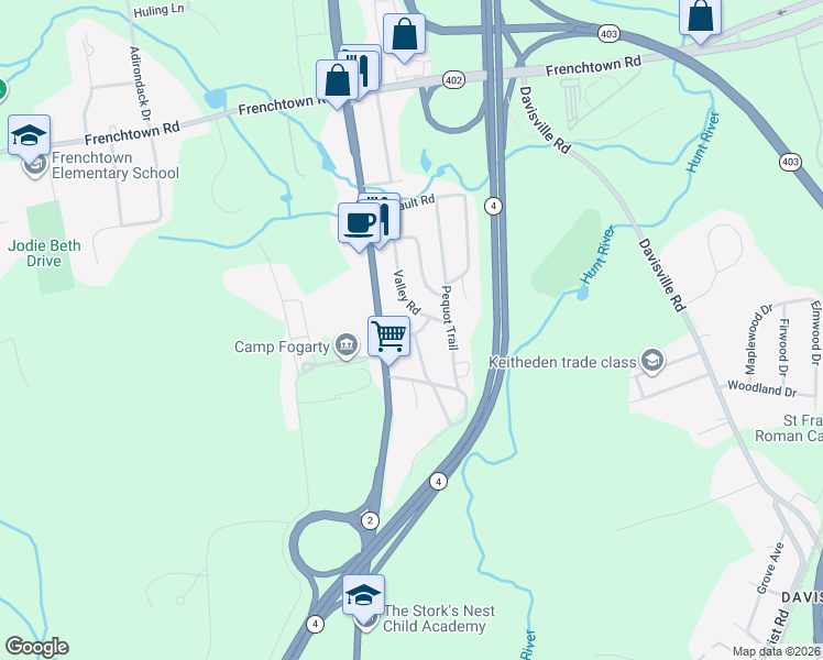 map of restaurants, bars, coffee shops, grocery stores, and more near 21 Ridge Rd in East Greenwich