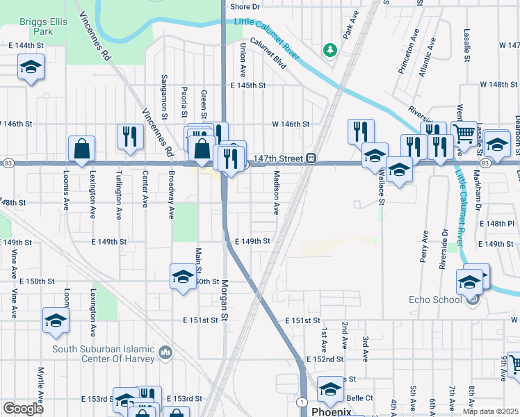 map of restaurants, bars, coffee shops, grocery stores, and more near 294 East 148th Street in Harvey