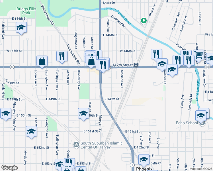 map of restaurants, bars, coffee shops, grocery stores, and more near 268 East 148th Street in Harvey