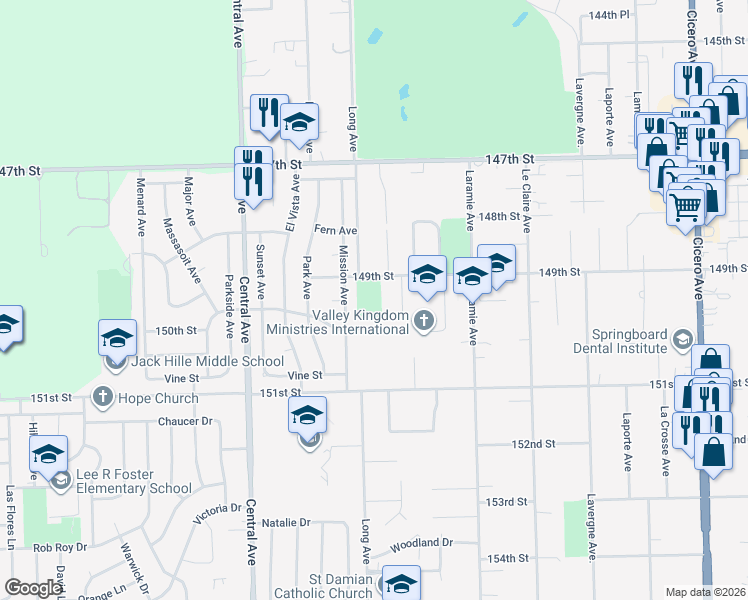 map of restaurants, bars, coffee shops, grocery stores, and more near 14901 Long Avenue in Oak Forest