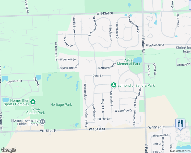 map of restaurants, bars, coffee shops, grocery stores, and more near 13921 Doral Lane in Homer Glen