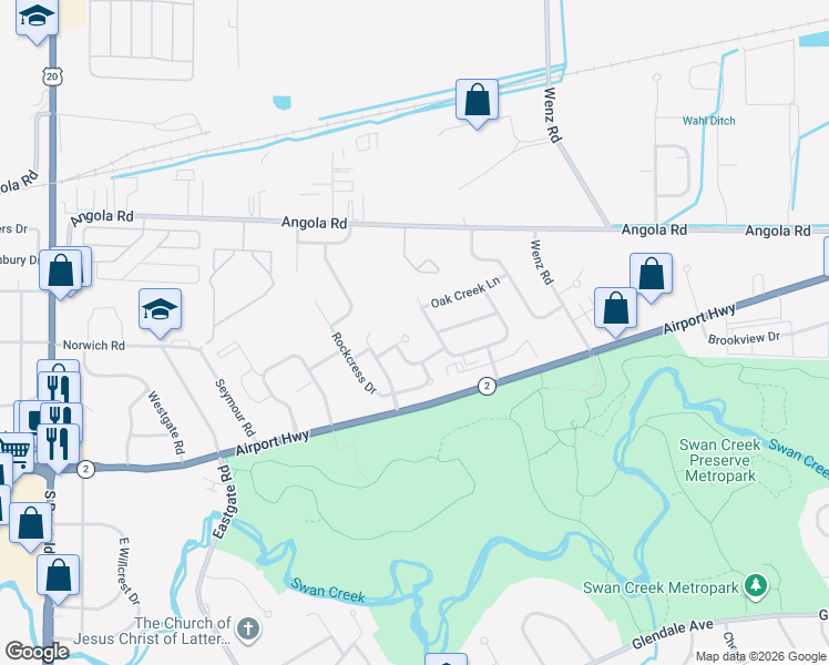 map of restaurants, bars, coffee shops, grocery stores, and more near 4581 Blue Rock Court in Toledo