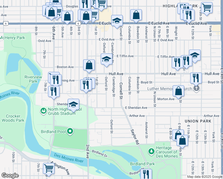 map of restaurants, bars, coffee shops, grocery stores, and more near 2800 Cambridge Street in Des Moines