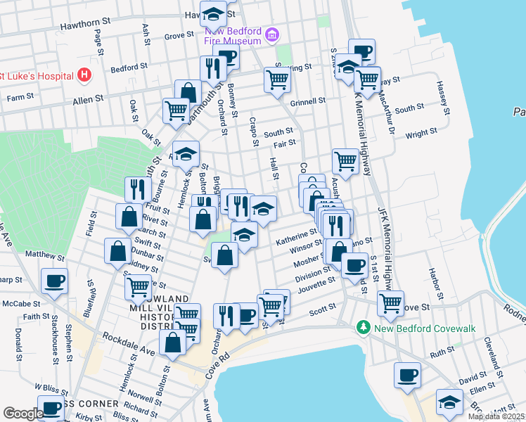 map of restaurants, bars, coffee shops, grocery stores, and more near 79 Crapo Street in New Bedford