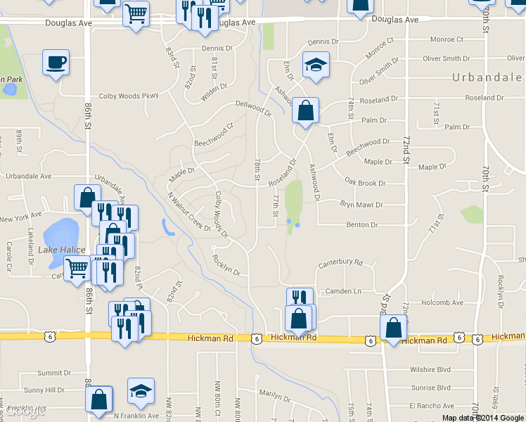 map of restaurants, bars, coffee shops, grocery stores, and more near 2821 78th Street in Urbandale