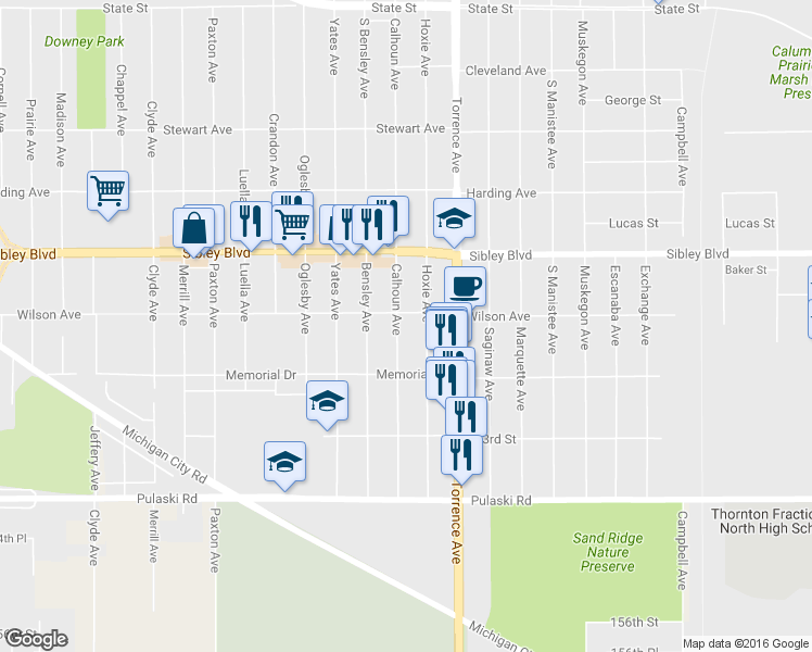 map of restaurants, bars, coffee shops, grocery stores, and more near 535 Calhoun Avenue in Calumet City