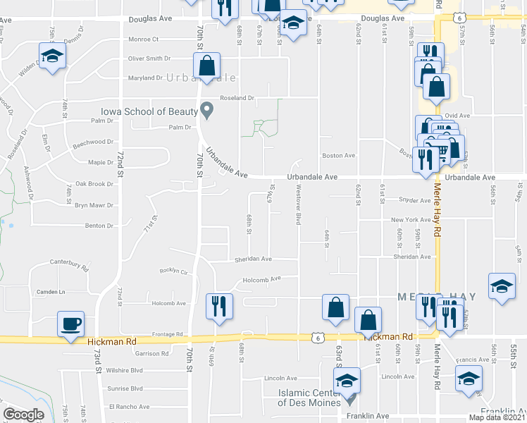map of restaurants, bars, coffee shops, grocery stores, and more near 2800 67th Street in Des Moines