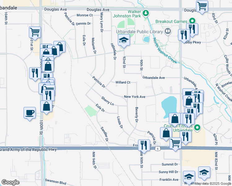 map of restaurants, bars, coffee shops, grocery stores, and more near 2821 Patricia Drive in Urbandale