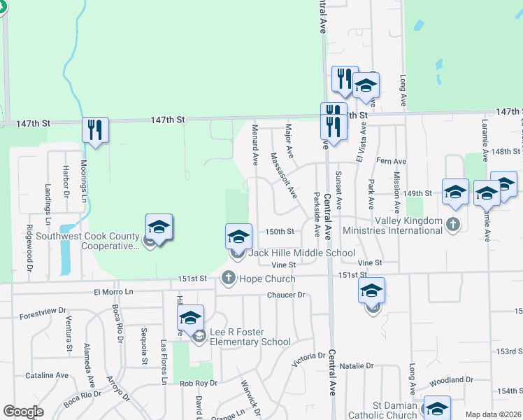 map of restaurants, bars, coffee shops, grocery stores, and more near 14841 Menard Avenue in Oak Forest