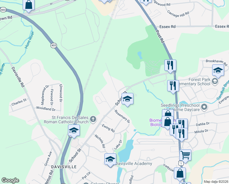 map of restaurants, bars, coffee shops, grocery stores, and more near 10 Ellis Road in North Kingstown