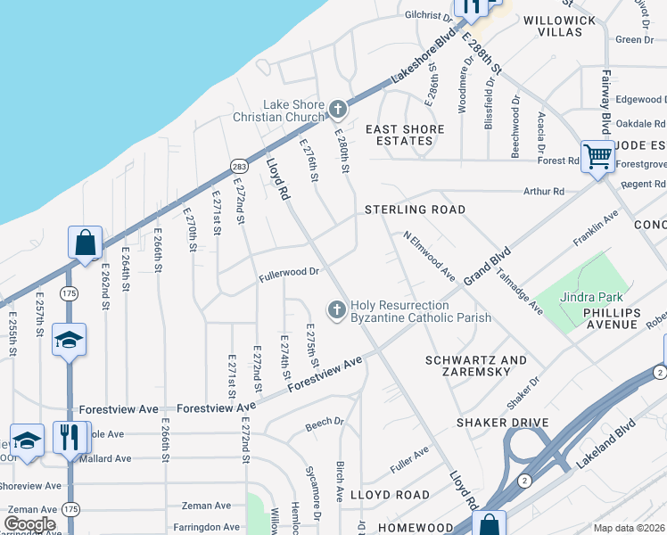 map of restaurants, bars, coffee shops, grocery stores, and more near 437 Lloyd Road in Euclid