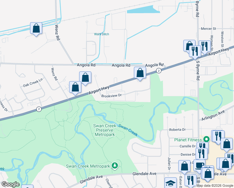 map of restaurants, bars, coffee shops, grocery stores, and more near 1221 Brookview Drive in Toledo