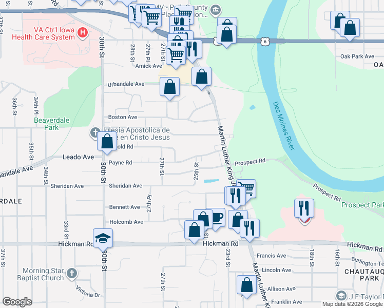 map of restaurants, bars, coffee shops, grocery stores, and more near 2507 Payne Road in Des Moines