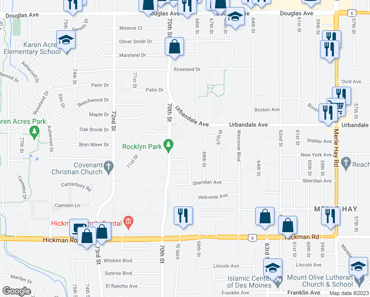 map of restaurants, bars, coffee shops, grocery stores, and more near 2815 70th Street in Urbandale