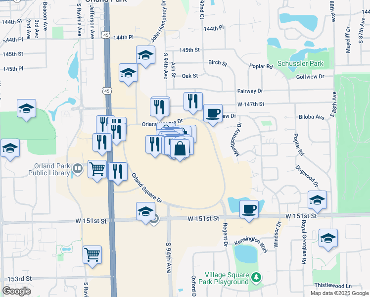 map of restaurants, bars, coffee shops, grocery stores, and more near 3 Orland Square Drive in Orland Park