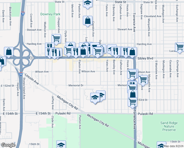 map of restaurants, bars, coffee shops, grocery stores, and more near 507 Luella Avenue in Calumet City
